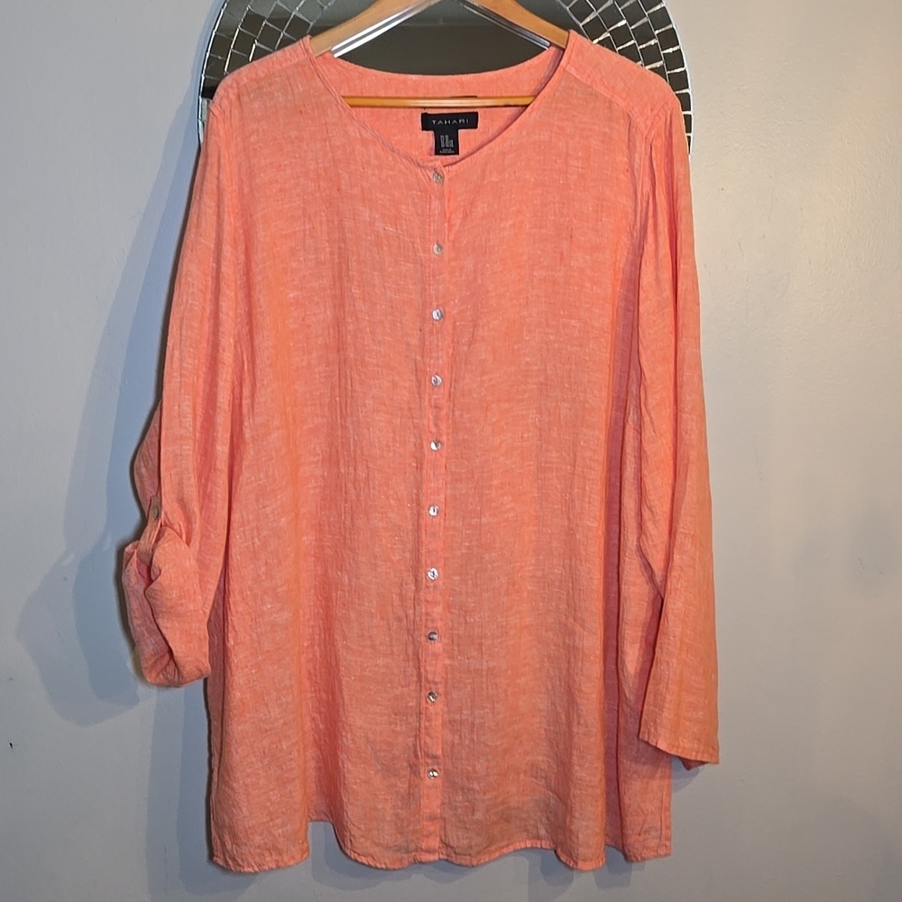 Tahari Linen Long Convertable Sleeves Lagenlook Coastal Tunic Blouse Shirt NWOT